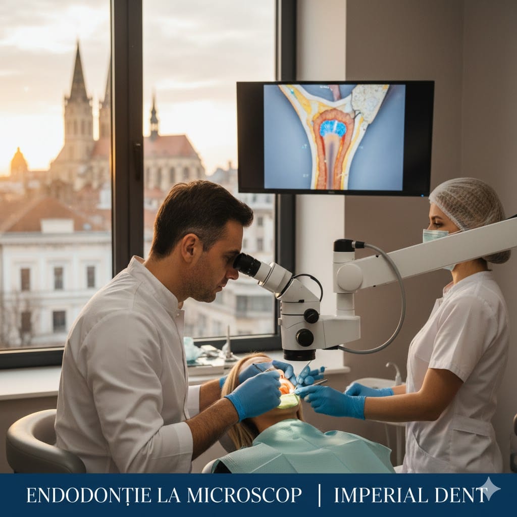 Ilustrație generată cu AI a unui tratament endodontic realizat cu microscop