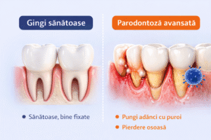 Parodontoză avansată comparativ cu gingii sănătoase – inflamație, pungi parodontale și pierdere osoasă