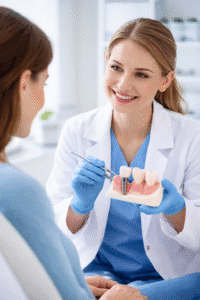 consultație pentru tratament implant dentar Timișoara explicată pe model dentar