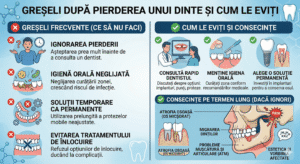 Infografic despre greșeli după pierderea unui dinte și beneficiile implantului dentar.