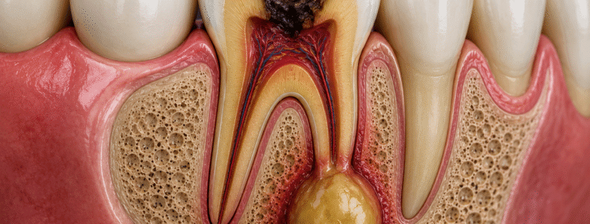 Drenaj abces dentar Timișoara – ilustrație medicală generată cu AI a unui abces dentar