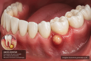 Abces dentar la nivelul gingiei – ilustrație medicală generată cu AI utilizată în articolul despre drenaj abces dentar Timișoara