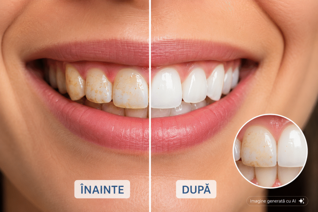 Pete pe dinți – comparație ilustrativă înainte și după tratament, imagine generată cu AI