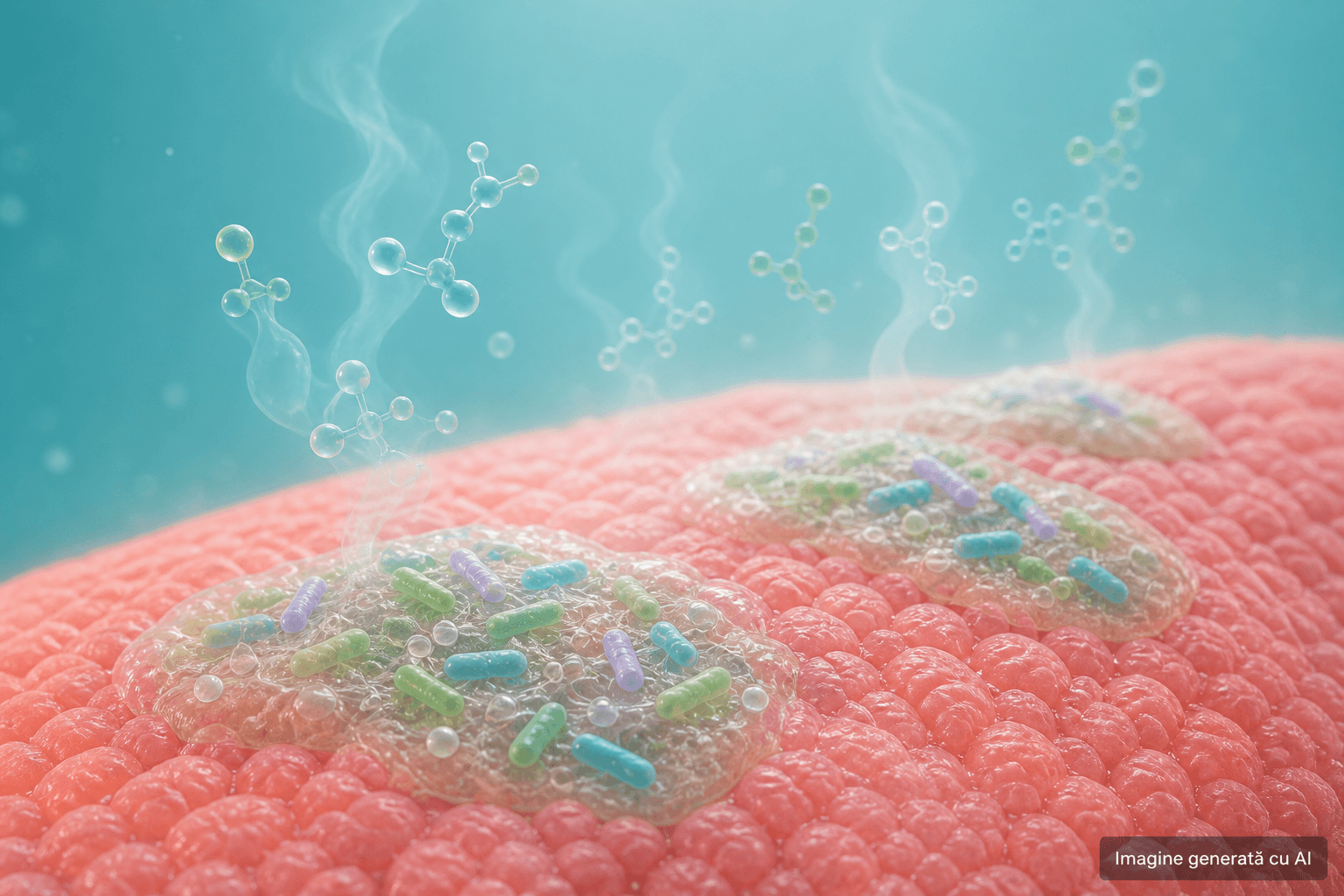 Biofilm oral și compuși asociați halitozei – ilustrație generată cu AI