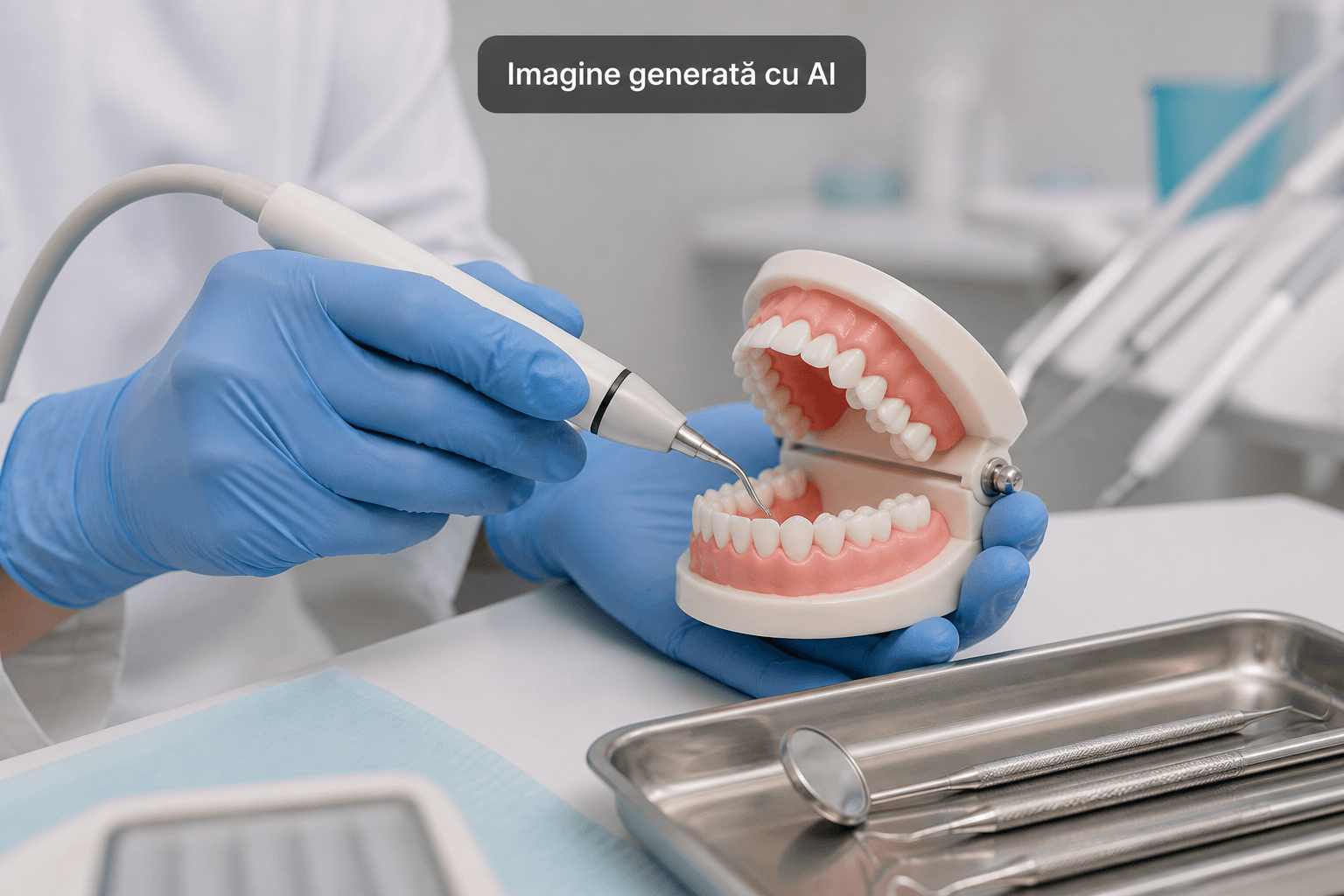 Demonstrație a detartrajului ultrasonic pe model dentar – imagine generată cu AI