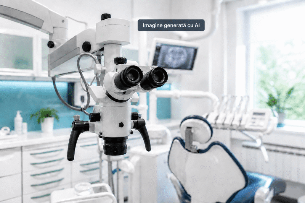 Microscop endodontic într-un cabinet stomatologic modern – imagine generată cu AI