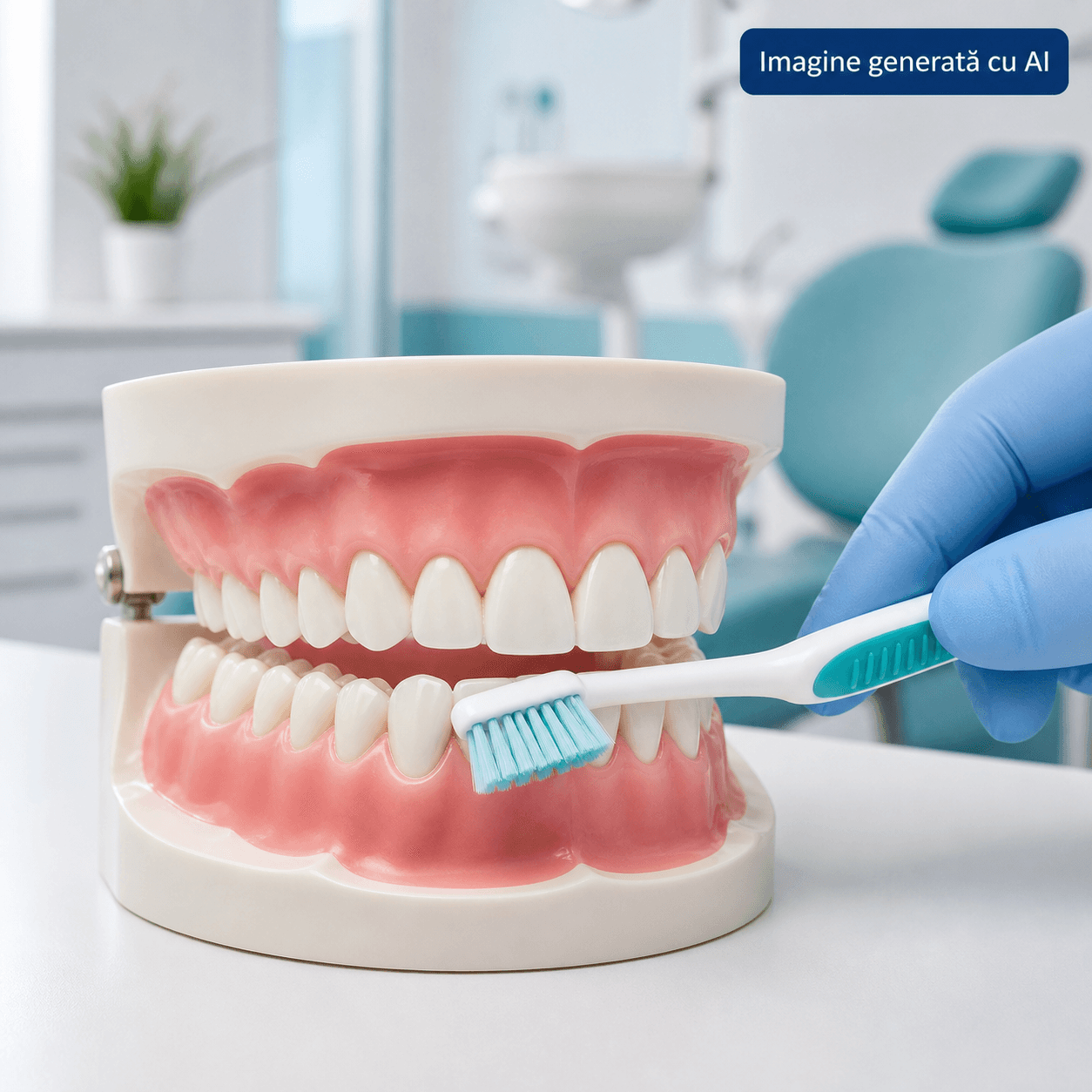 Demonstrație de periaj blând pe model dentar – imagine generată cu AI